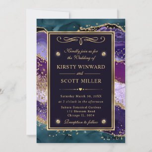 Invitation Mariage Pailleté Agate Bleu-vert, Violet et Or