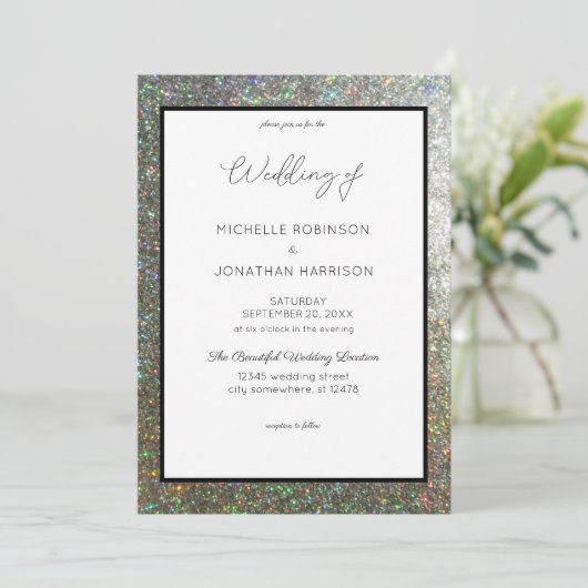 Invitation Mariage Pailleté Argent (Debout devant)