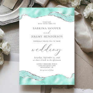 Invitation Mariage Pailleté Argent Aqua sur Fond Blanc