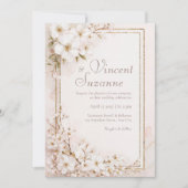 Invitation Mariage Pailleté Blanc Ethéré Fleur Dorée (Devant)