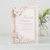 Invitation Mariage Pailleté Blanc Ethéré Fleur Dorée (Debout devant)