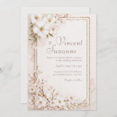 Invitation Mariage Pailleté Blanc Ethéré Fleur Dorée (Devant / Derrière)