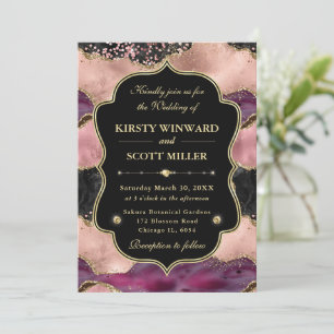 Invitation Mariage Pailleté de Marbre d'Agate Rose Élégant en
