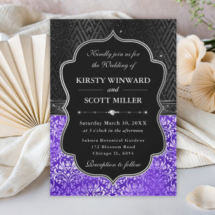 Invitation Mariage Pailleté Floral Noir Argent Élégant Violet