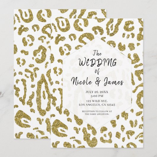 Invitation Mariage Pailleté Or Blanc Style Guépard Léopard Ch (Devant / Derrière)