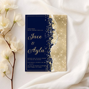 Invitation Mariage pailleté or et bleu marine de luxe élégant