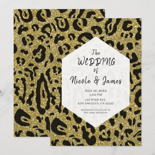 Invitation Mariage Pailleté Or Noir Guépard Léopard Chic (Devant / Derrière)