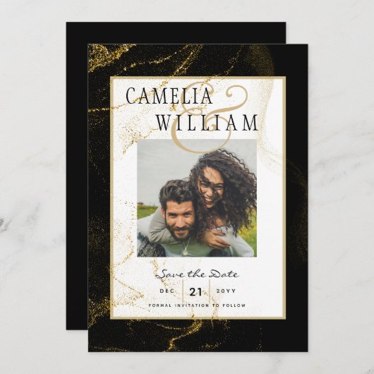 Invitation Mariage Pailleté Or Noir Moderne (Devant / Derrière)