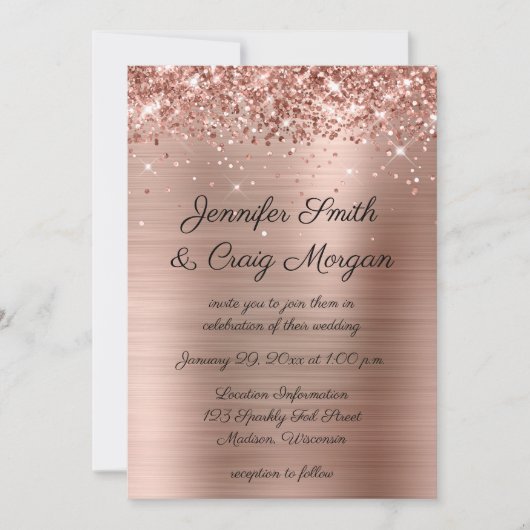 Invitation Mariage Pailleté Rose Gold Feuille (Devant)