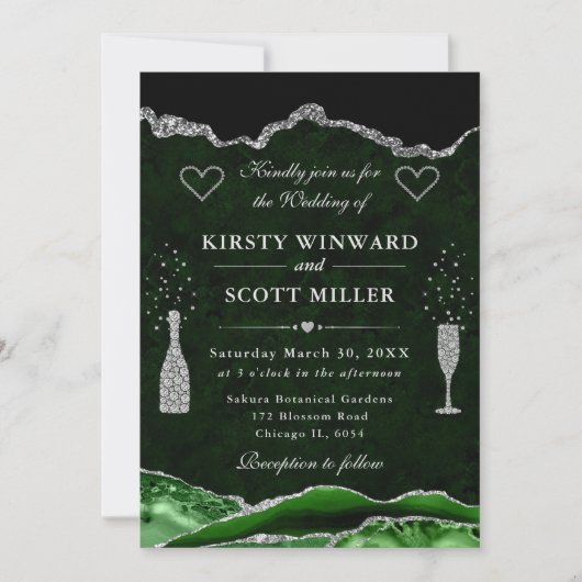 Invitation Mariage Pailleté Vert et Argent Agate (Devant)
