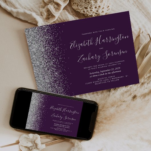 Invitation Mariage Pailleté Violet Argent Moderne