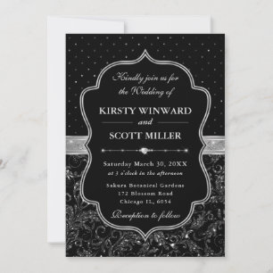 Invitation Mariage Paillettes Art Déco Noir et Argent