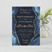 Invitation Mariage paillettes bleu et or Agate & Marbre (Debout devant)