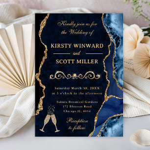 Invitation Mariage Paillettes Bleu et Or Agate & Marbre