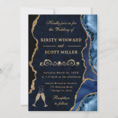 Invitation Mariage Paillettes Bleu et Or Agate & Marbre (Devant)