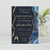 Invitation Mariage Paillettes Bleu et Or Agate & Marbre (Debout devant)
