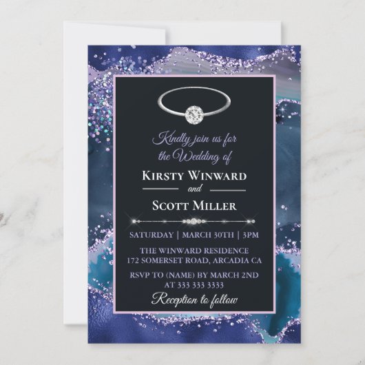Invitation Mariage Paillettes d'Agate Bleu Violet (Devant)