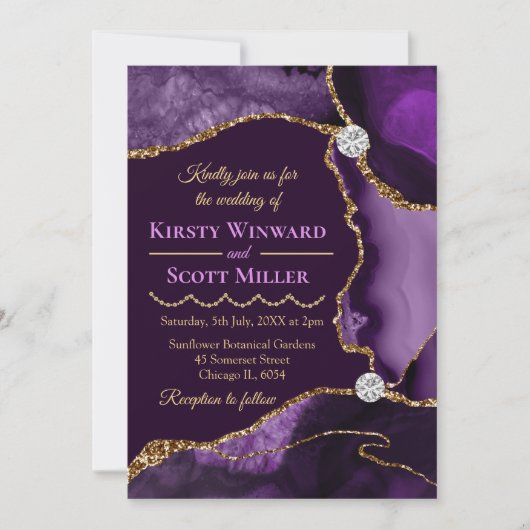 Invitation Mariage Paillettes de Agate Violet et Or (Devant)