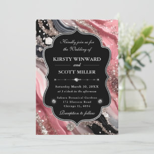 Invitation Mariage Paillettes de Marbre Agate Argent Rose