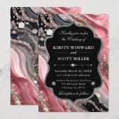 Invitation Mariage Paillettes de Marbre Agate Argent Rose (Devant / Derrière)