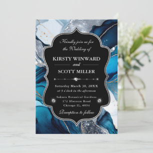 Invitation Mariage Paillettes de Marbre Agate Bleu Argent