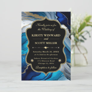 Invitation Mariage Paillettes de Marbre Agate Or Bleu