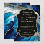 Invitation Mariage Paillettes de Marbre Agate Or Bleu (Devant / Derrière)