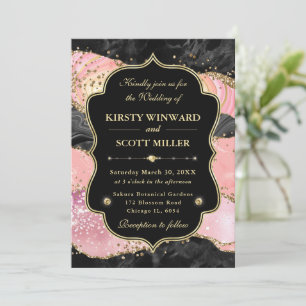 Invitation Mariage Paillettes de Marbre Rose Élégant en Or