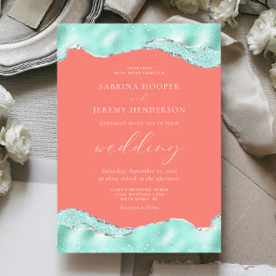 Invitation Mariage Paillettes de Papier Aluminium Rose Corail
