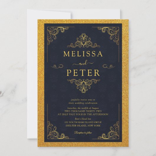 Invitation Mariage Paillettes Or Royal (Devant)