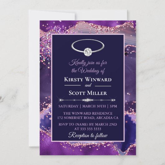 Invitation Mariage Paillettes Rose Violet Agate (Devant)