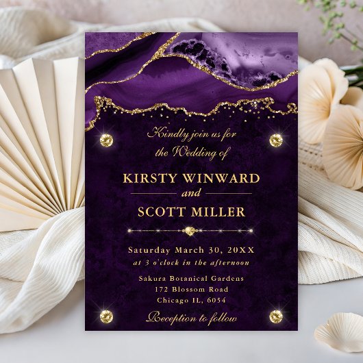 Invitation Mariage Paillettes Violet et Or Agate