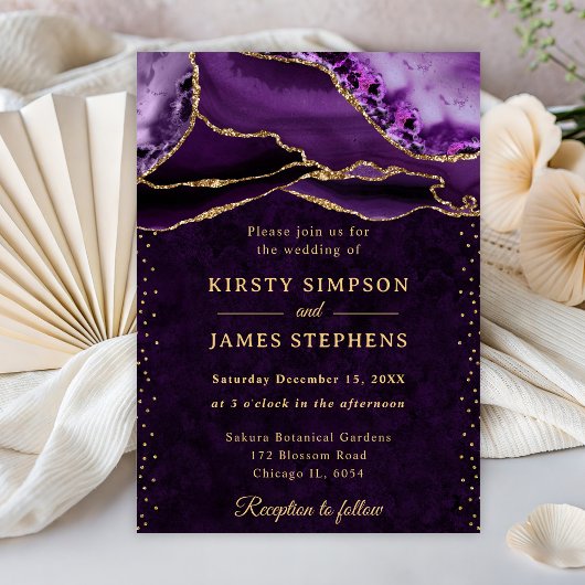 Invitation Mariage Paillettes Violet et Or Agate