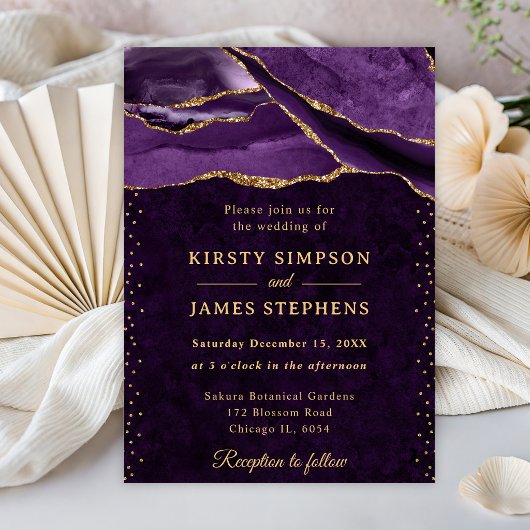 Invitation Mariage Paillettes Violet et Or Agate