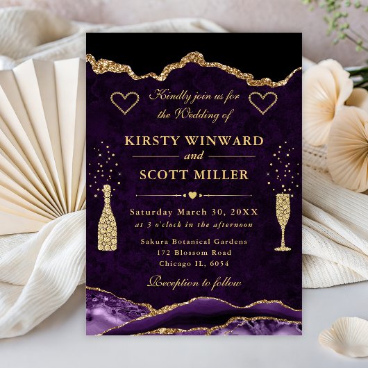Invitation Mariage Paillettes Violet et Or Agate