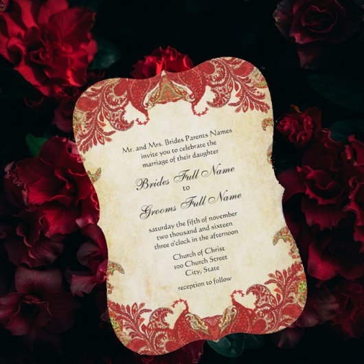 Invitation Mariage Paisley Vintage rouge et or