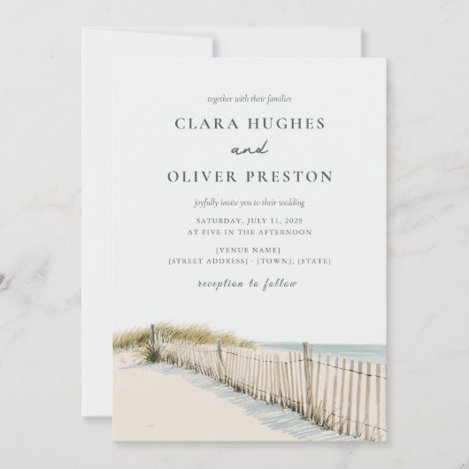 Invitation Mariage Pale Sable Teal Script Cape Cod Dune Herbe (Devant)