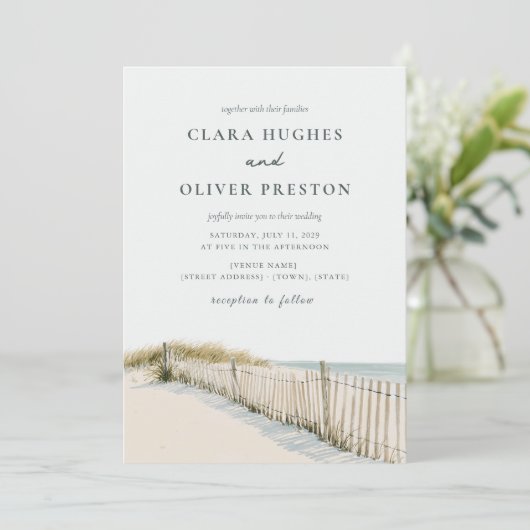 Invitation Mariage Pale Sable Teal Script Cape Cod Dune Herbe (Debout devant)