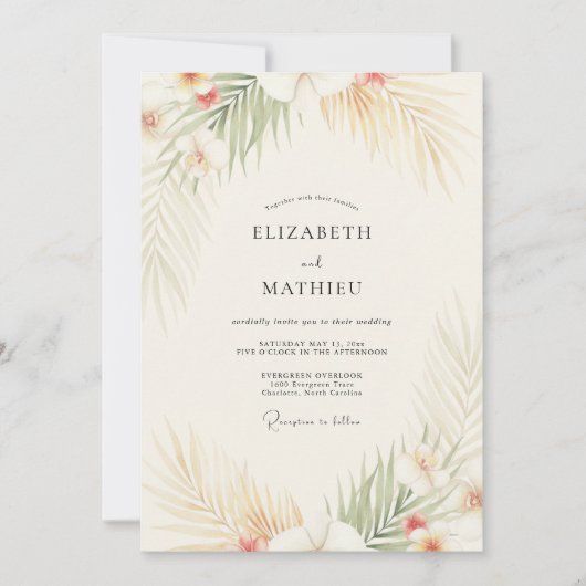 Invitation Mariage Palmier Eucalyptus Corail Tropical (Devant)