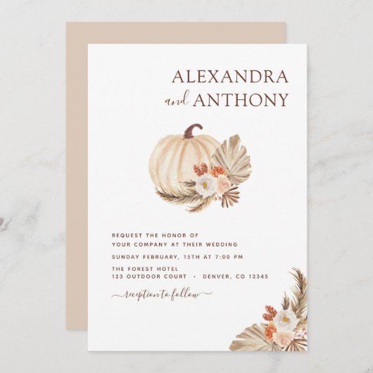 Invitation Mariage Pampas Grass Boho Blanc Citrouille (Devant / Derrière)