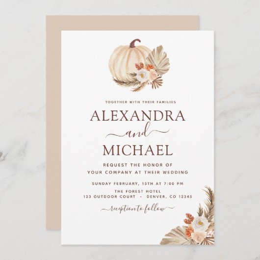 Invitation Mariage Pampas Grass Terracotta Citrouille blanc (Devant / Derrière)