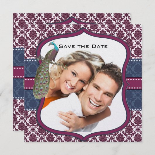 Invitation Mariage Paon Damassé Élégant Navy & Berry Berry (Devant / Derrière)