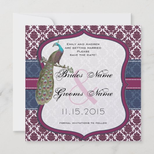Invitation Mariage Paon Damassé Élégant Navy & Berry Berry (Dos)
