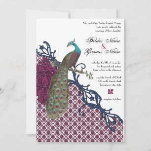 Invitation Mariage Paon Damassé Élégant Navy & Berry Berry