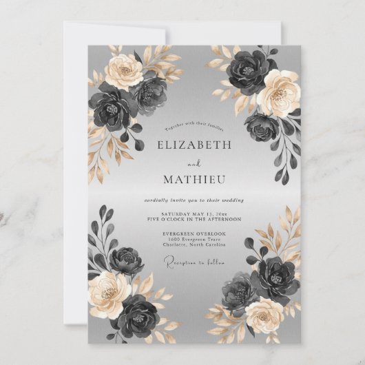 Invitation Mariage Paon de Charbon d'Argent (Devant)