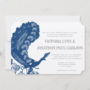 Invitation Mariage Paon Moderne Vintage Bleu Mykonos