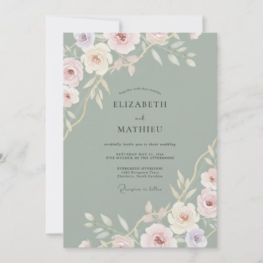 Invitation Mariage Paon Rose Céladon (Devant)