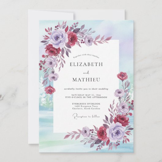 Invitation Mariage Paon Rouge Prune (Devant)