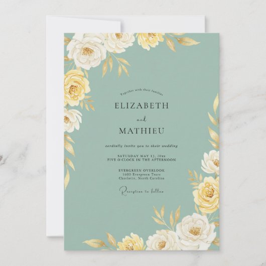 Invitation Mariage Paonée Dorée Mousse de Mer (Devant)
