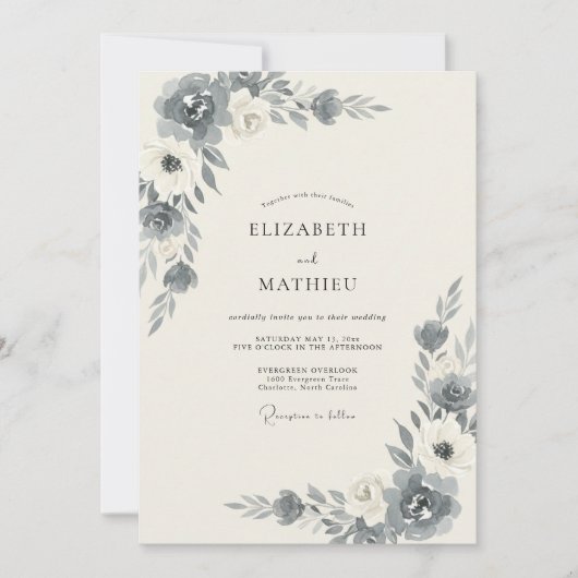Invitation Mariage Paonée Ivoire Ardoise (Devant)
